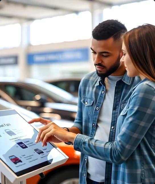 A man and a woman interacting with a touch screen